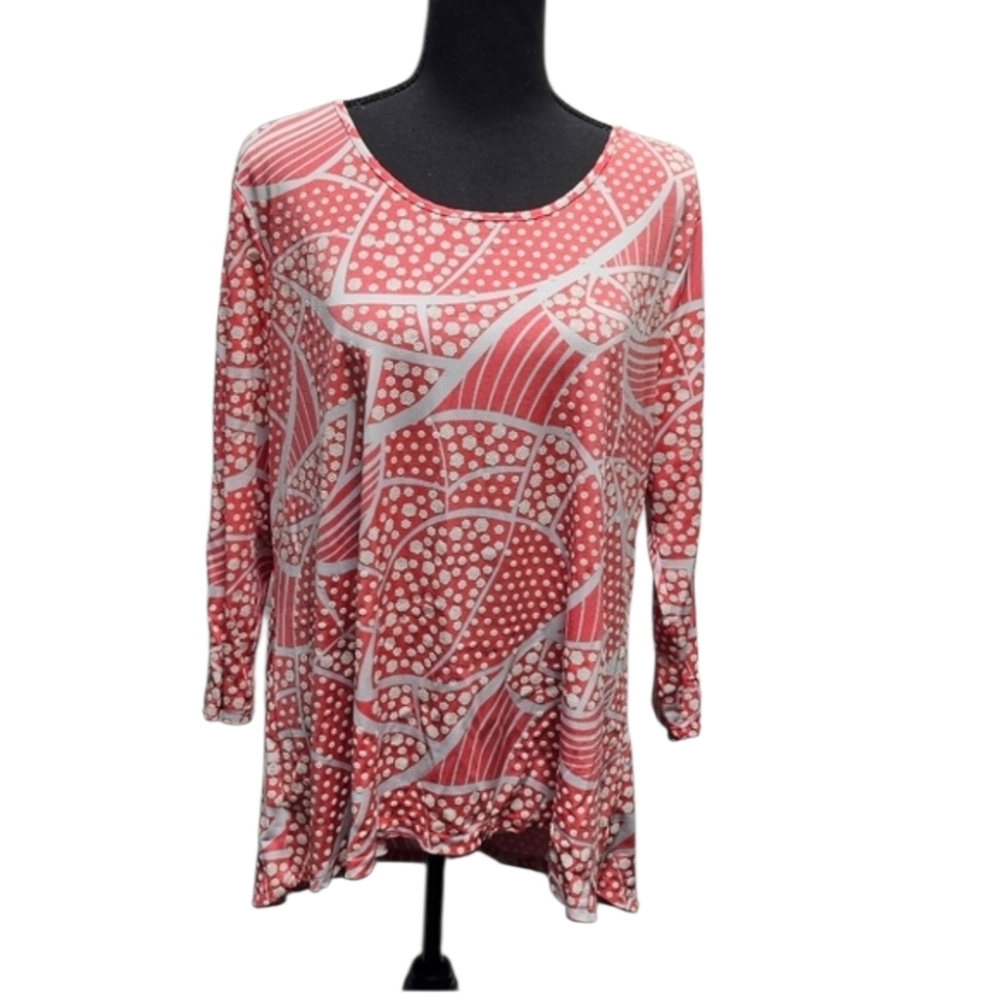 Valerie Stevens Coral & white 3/4 sleeve, floral & stripes blouse. Size L